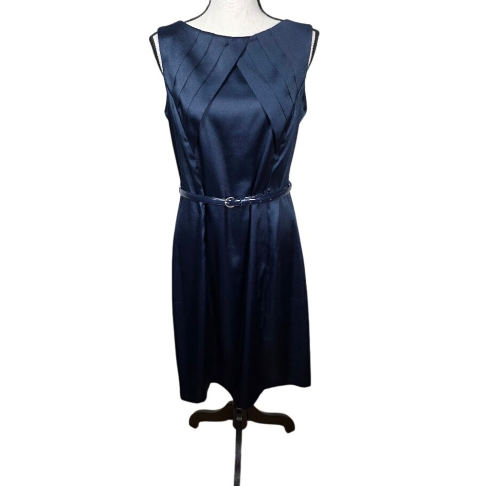 Dress Barn Sheath Dress Women 12 Navy Blue Pleated Neck Belted Formal Cocktail